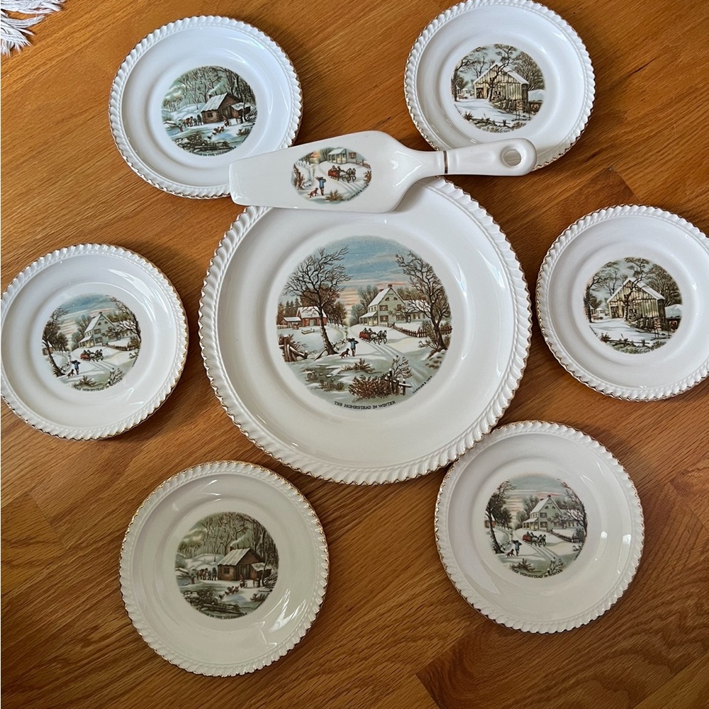 Vintage Harkerware Currier & Ives Winter Scene Cake & Dessert Plates + Server